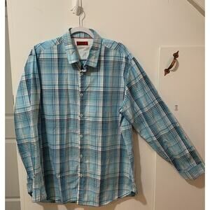 Alfani Slim Fit Men Dress Shirt XL Blue Teal Plaid Long Sleeve Button Up